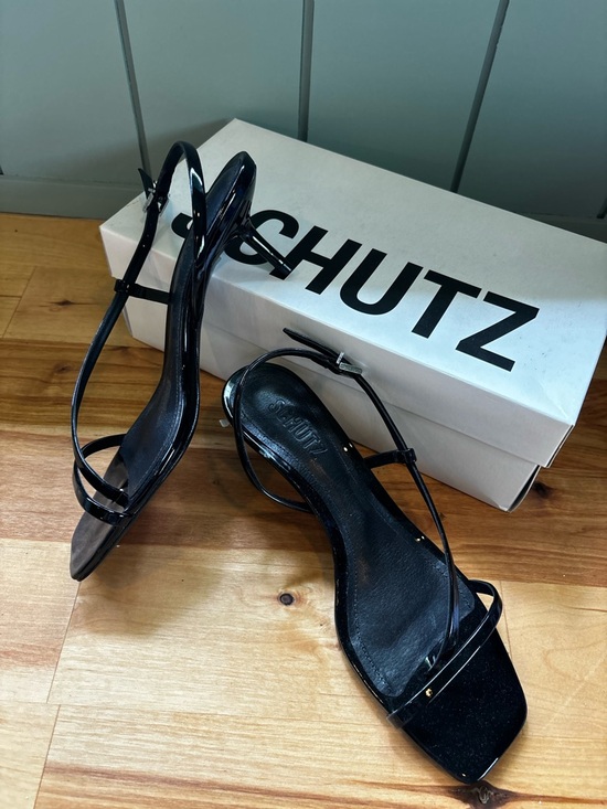 SCHUTZ Shoes - SCHUTZ Heloise Black Patent Minimal Strappy Sandal Square Toe Heel 7.5 NIB